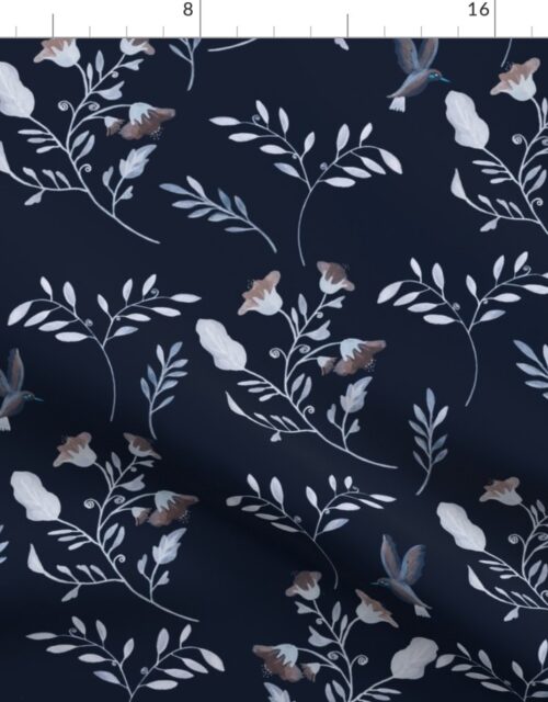 Bluebells and Bluebirds Floral Pattern on Midnight Blue Fabric