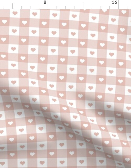 Blush and White Gingham Valentines Check with Center Heart Medallions in Blush and White Fabric