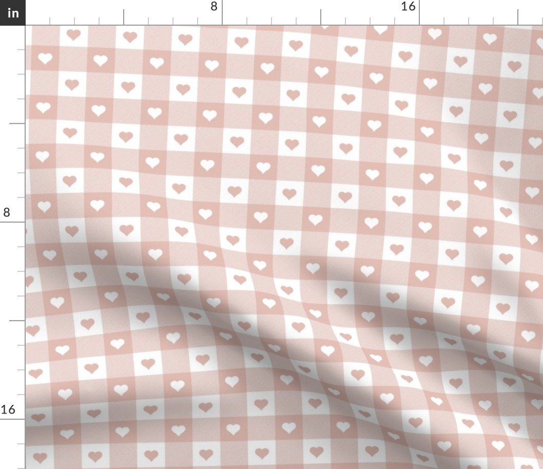 Blush and White Gingham Valentines Check with Center Heart Medallions in Blush and White Fabric