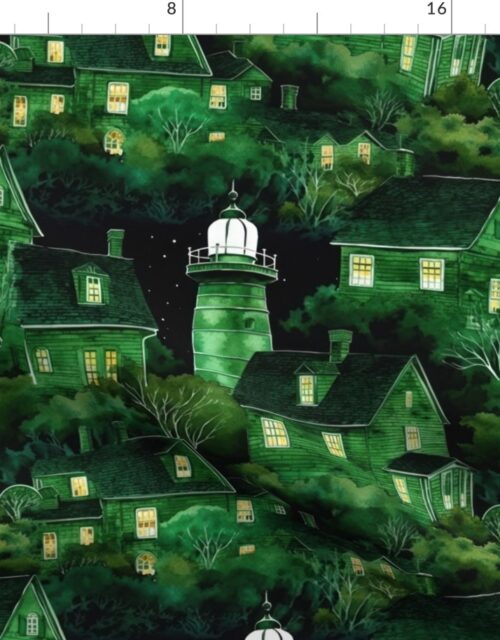Bright Green Haunted New England Village Watercolor with Lighthouse Fabric