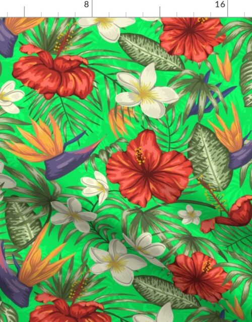 Bright Green Hibiscus Tropical Rainforest Birds of Paradise Fabric