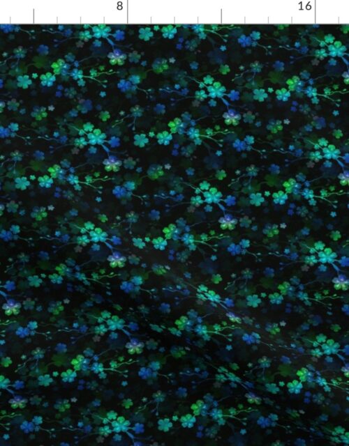 Bright Neon Green and Blue Cherry Blossom Flowers and Vines Fabric