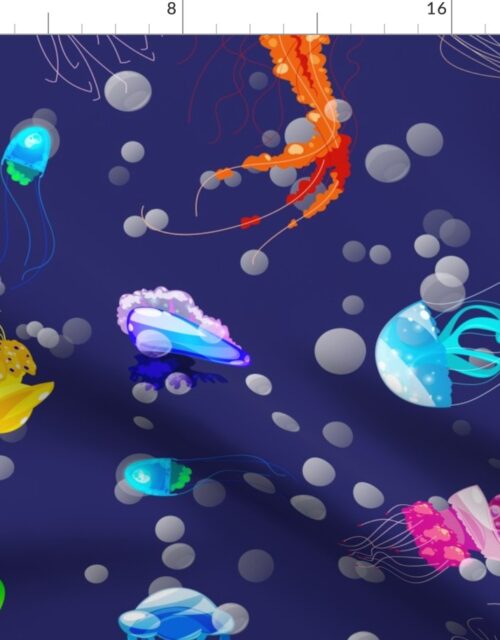 Bright Neon Rainbow Colored Jellyfish in Deep Adriatic Sea Blue Fabric
