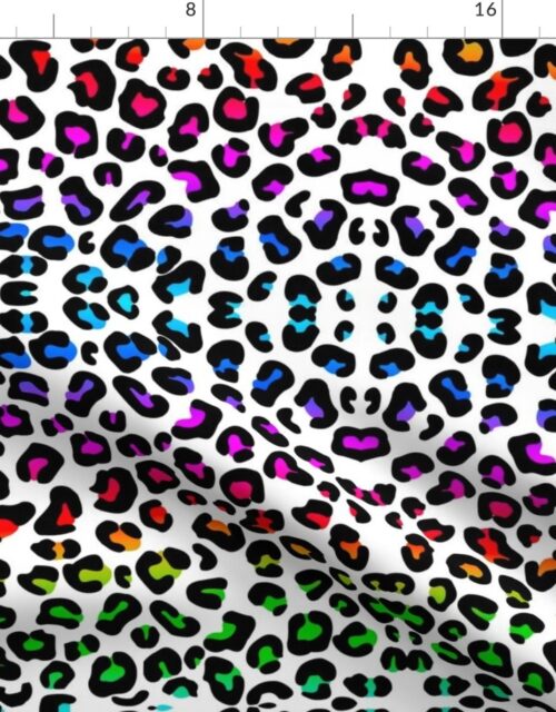 Bright Neon Rainbow Colored Leopard Spots on White Fabric
