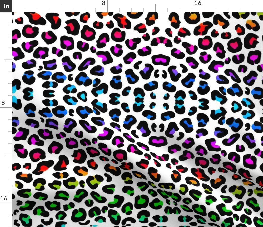 Bright Neon Rainbow Colored Leopard Spots on White Fabric