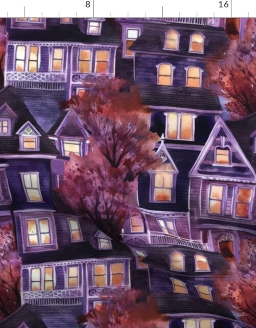 Bright Purple Haunted New England Village Watercolor Fabric