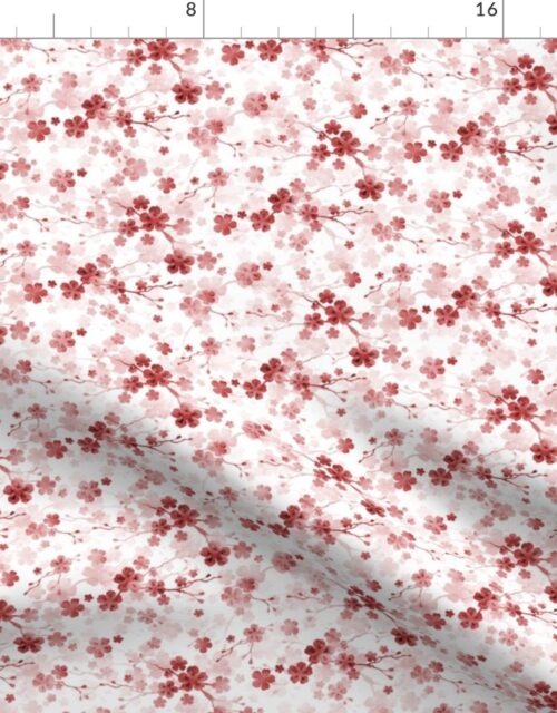 Bright Red Pastel Watercolor Cherry Blossom Flowers and Vines Fabric
