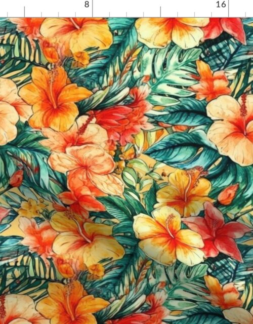 Bright Vintage Hawaiian Hibiscus Watercolor in Coral Orange Fabric