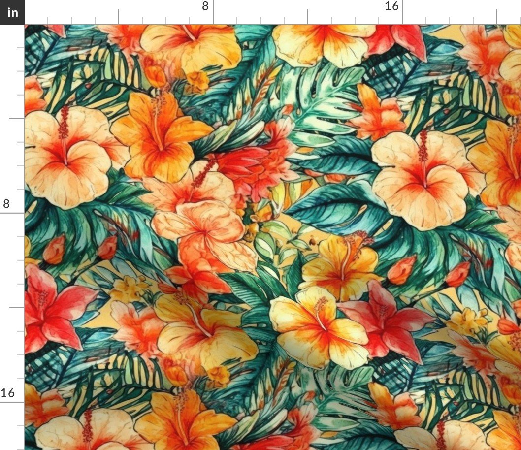 Bright Vintage Hawaiian Hibiscus Watercolor in Coral Orange Fabric
