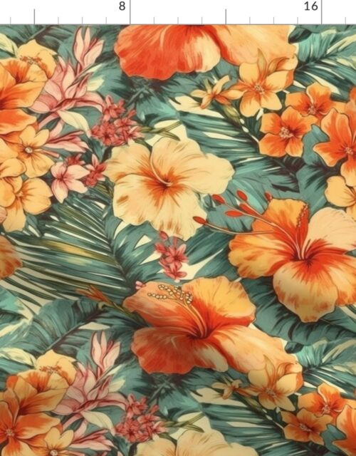Bright Vintage Hawaiian Hibiscus Watercolor in Coral and Peach Fabric