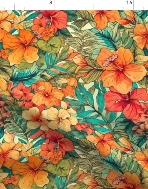 Bright Vintage Hawaiian Hibiscus Watercolor in Orange Fabric