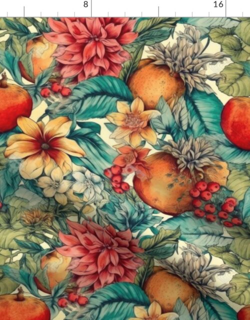 Bright Vintage Hawaiian Hibiscus Watercolor with Guava Fruits Fabric