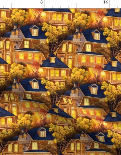 Bright Yellow Haunted New England Village Watercolor with Lighthouse Fabric