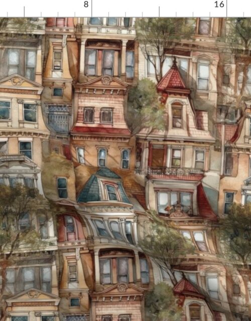 Brownstone Buildings in Varied Tones of Brown Watercolor Fabric