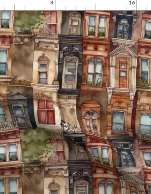 Brownstone Buildings in Varied Tones of Brown Watercolor Fabric