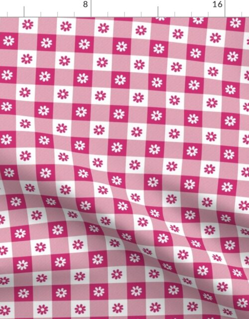 Bubble Gum  and White Gingham Floral Check with Center Floral Medallions in Bubble Gum and White Fabric