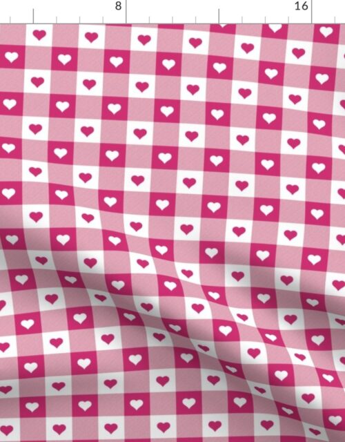 Bubble Gum and White Gingham Valentines Check with Center Heart Medallions in Bubble Gum and White Fabric