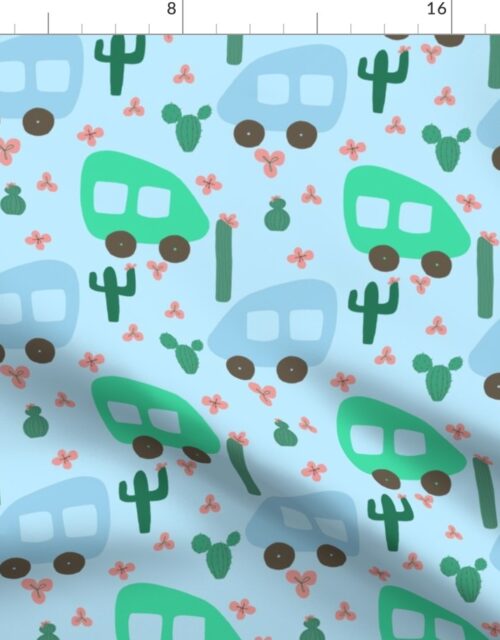 Camper Vans in Blue and Mint with Green Cactus and Pink Flowers Fabric
