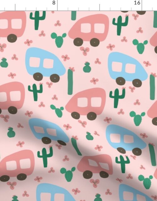 Camper Vans in Blue and Pink with Green Cactus and Pink Flowers Fabric