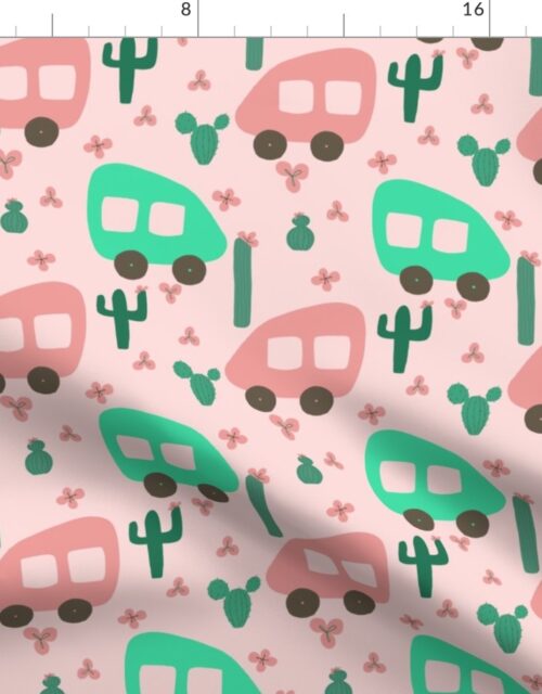 Camper Vans in Pink and Mint with Green Cactus and Pink Flowers Fabric