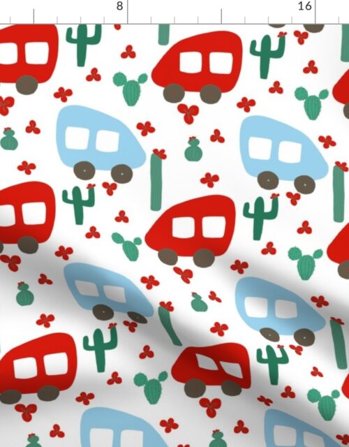 Camper Vans in Red and Blue with Green Cactus and Red Flowers Fabric