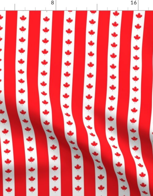 Canadian Flag Colors Red, White and Maple Leaves 1 Inch Vertical Stripes Fabric
