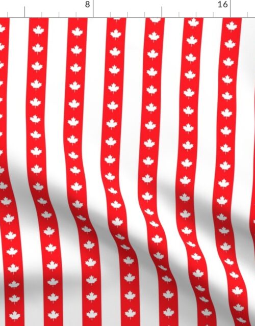 Canadian Flag Colors Red, White and Maple Leaves 1 Inch Vertical Stripes Fabric