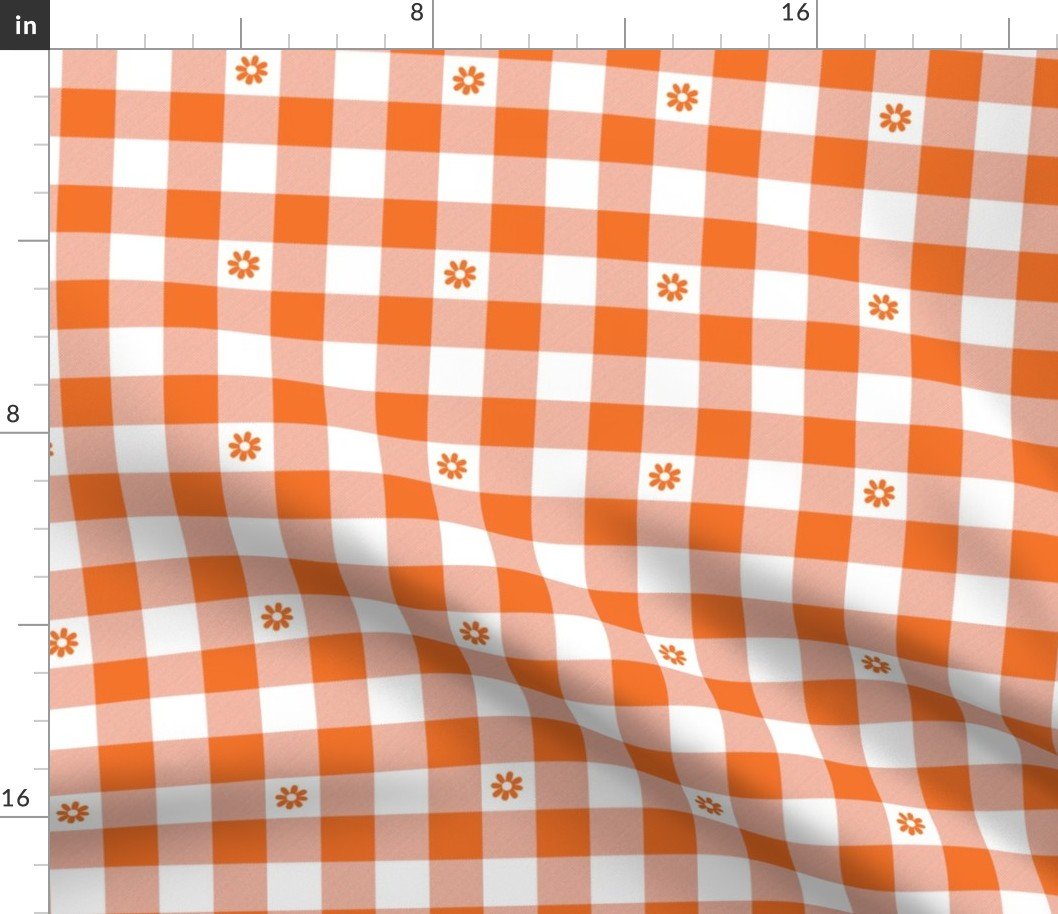 Carrot Orange and White Gingham Check with Center Floral Medallions in Carrot Fabric