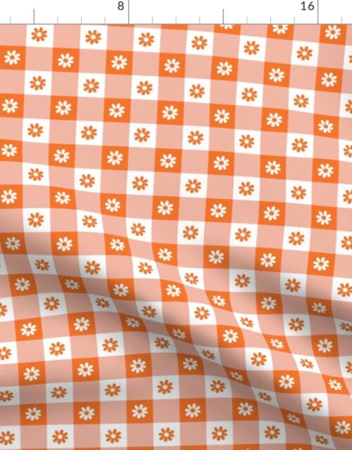 Carrot Orange and White Gingham Check with Center Floral Medallions in Carrot and White Fabric