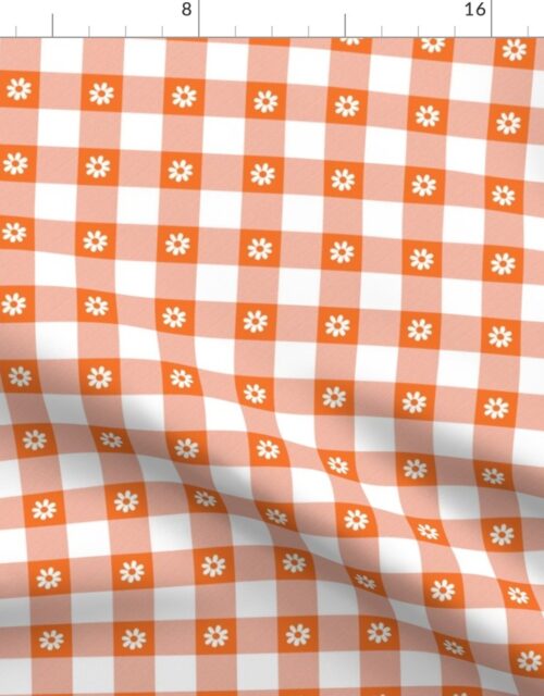 Carrot Orange and White Gingham Check with Center Floral Medallions in White Fabric