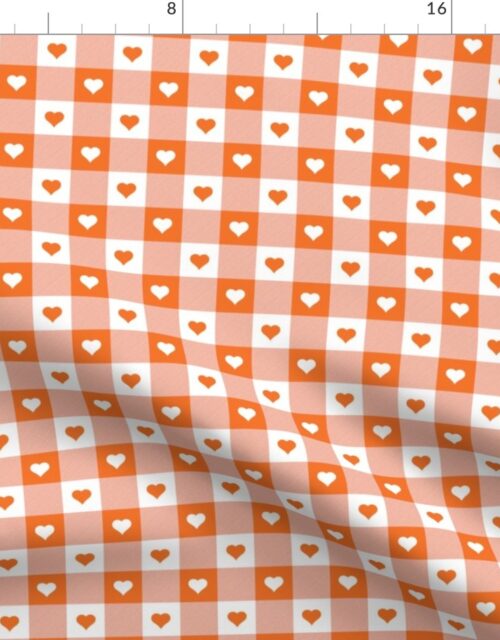 Carrot and White Gingham Valentines Check with Center Heart Medallions in Carrot and White Fabric