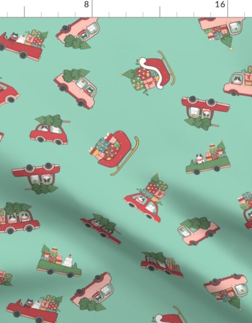 Cats in Christmas Cars and Sleigh Doodles in  Holiday Colors Red and Green on Mint Green Fabric