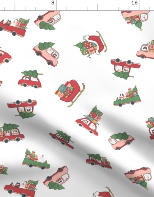 Cats in Christmas Cars and Sleigh Doodles in  Holiday Colors Red and Green on White Fabric