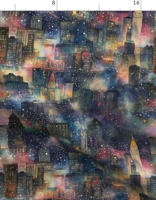 Chicago at New Year’s in Watercolors with Fairy Lights and Landmarks Fabric