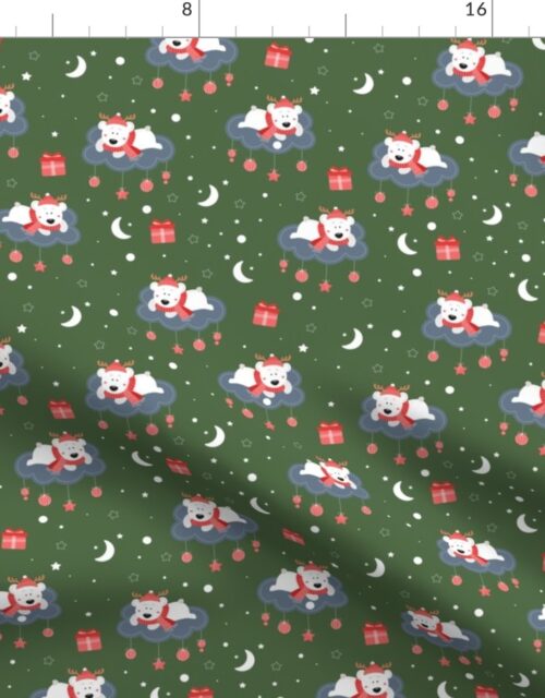 Children’s Print Polar Bears on Clouds with Christmas Ornaments on Fir Tree Green Fabric