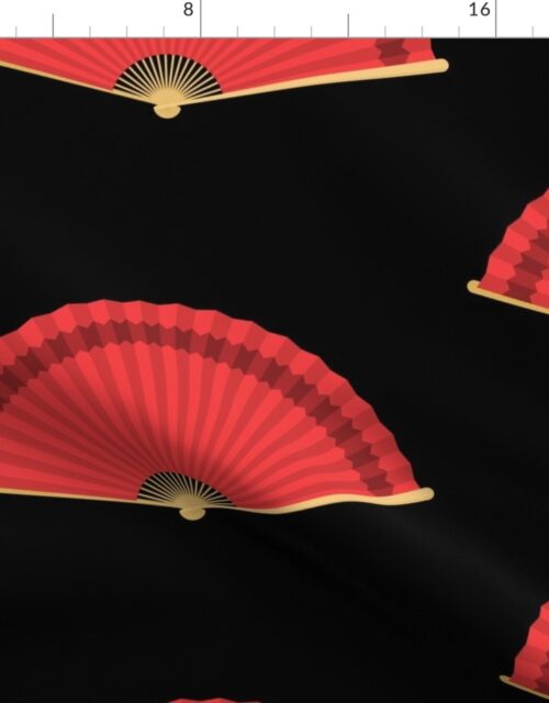 Chinese Red Splayed Fans on Black Fabric