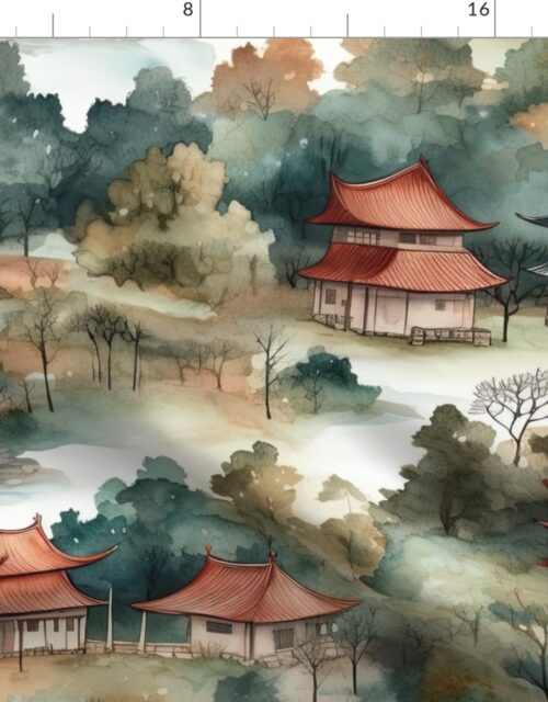 Chinese Village in Forest Watercolor Fabric