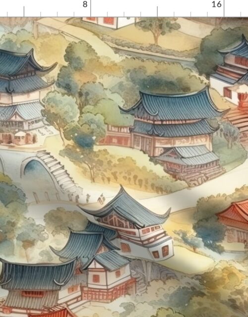 Chinese Village in Forest Watercolor Fabric