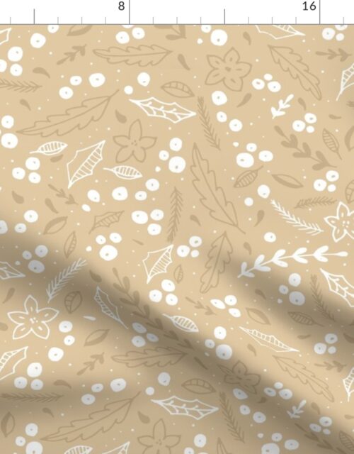Christmas Beige and White  Jumbo Holly  and Mistletoe Repeat on Pale Gold  Background Fabric