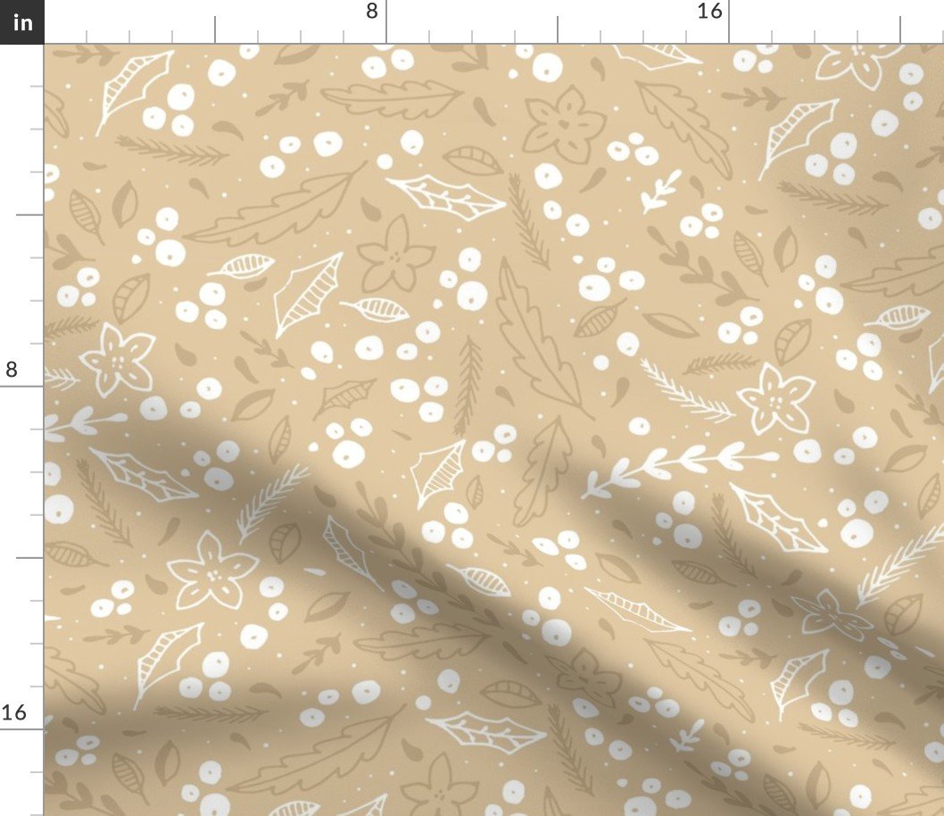 Christmas Beige and White  Jumbo Holly  and Mistletoe Repeat on Pale Gold  Background Fabric