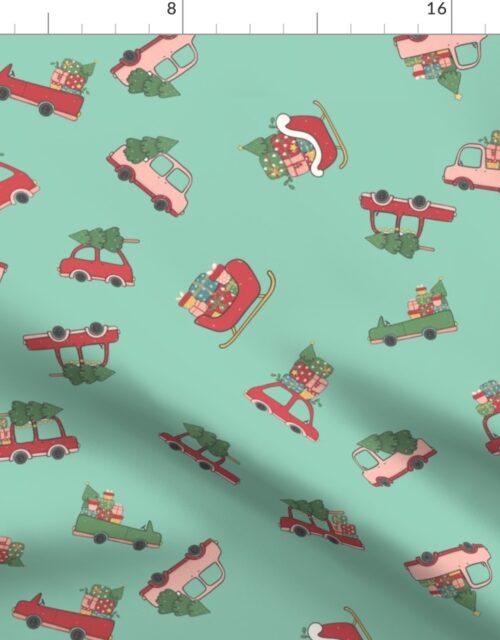 Christmas Cars and Sleigh Doodles in  Holiday Colors Red and Green on Mint Green Fabric