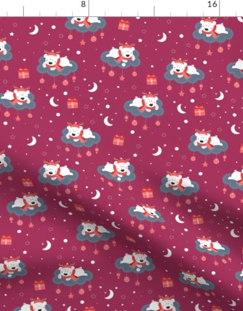 Christmas Cartoon Children’s Print Polar Bears on Clouds with Christmas Ornaments on Cranberry Red Fabric