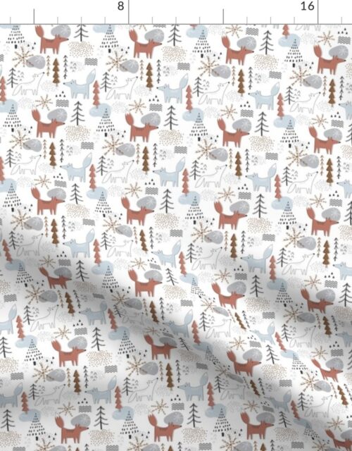 Christmas Fox and Wolf in Winter Forest Scene on White Fabric