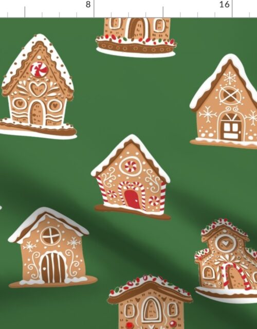 Christmas Gingerbread Candy Houses on Christmas Tree Green Fabric