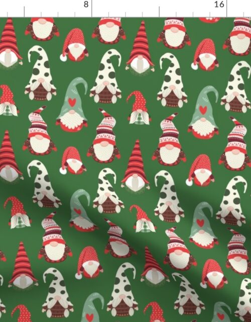 Christmas Gnomes in Holiday Green and Red Caps on Christmas Tree Green Fabric