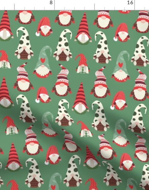 Christmas Gnomes in Holiday Green and Red Caps on Moss Green Fabric