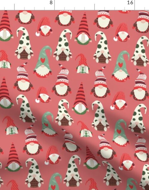 Christmas Gnomes in Holiday Green and Red Caps on Rose Fabric