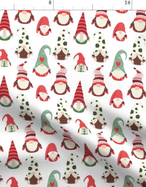 Christmas Gnomes in Holiday Green and Red Caps on White Fabric