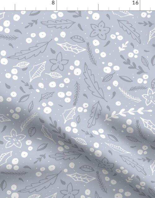Christmas Grey and White  Jumbo Holly  and Mistletoe Repeat on Pale Silver Background Fabric