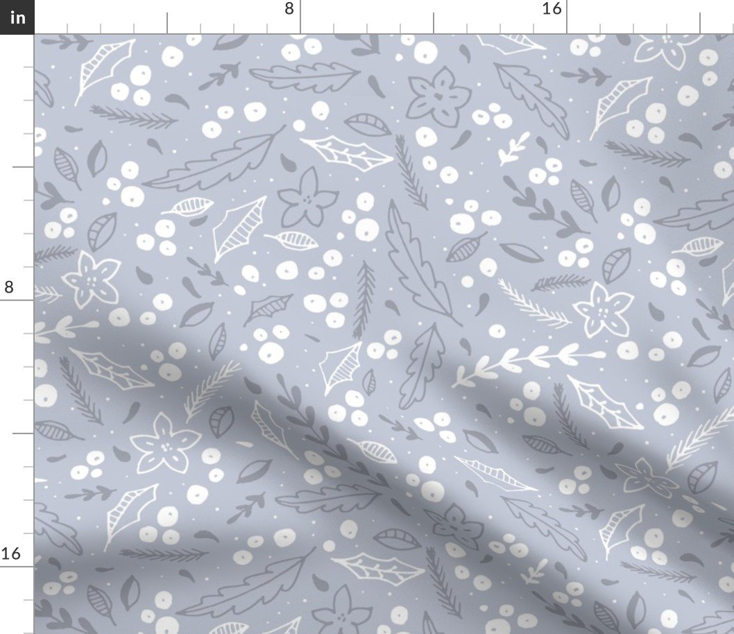 Christmas Grey and White  Jumbo Holly  and Mistletoe Repeat on Pale Silver Background Fabric